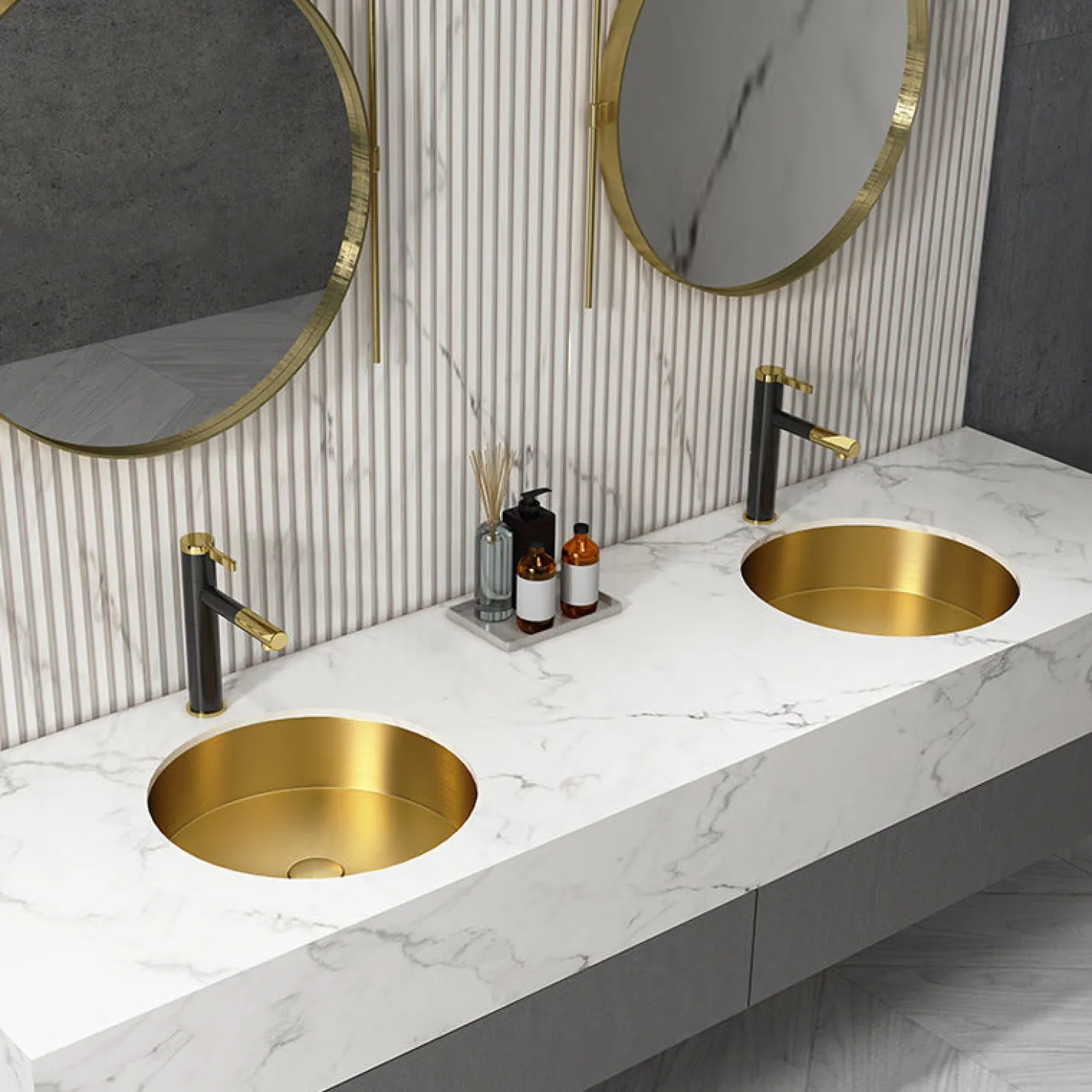 15" Round Stainless Steel Undermount Bathroom Sink with Drain in Gold