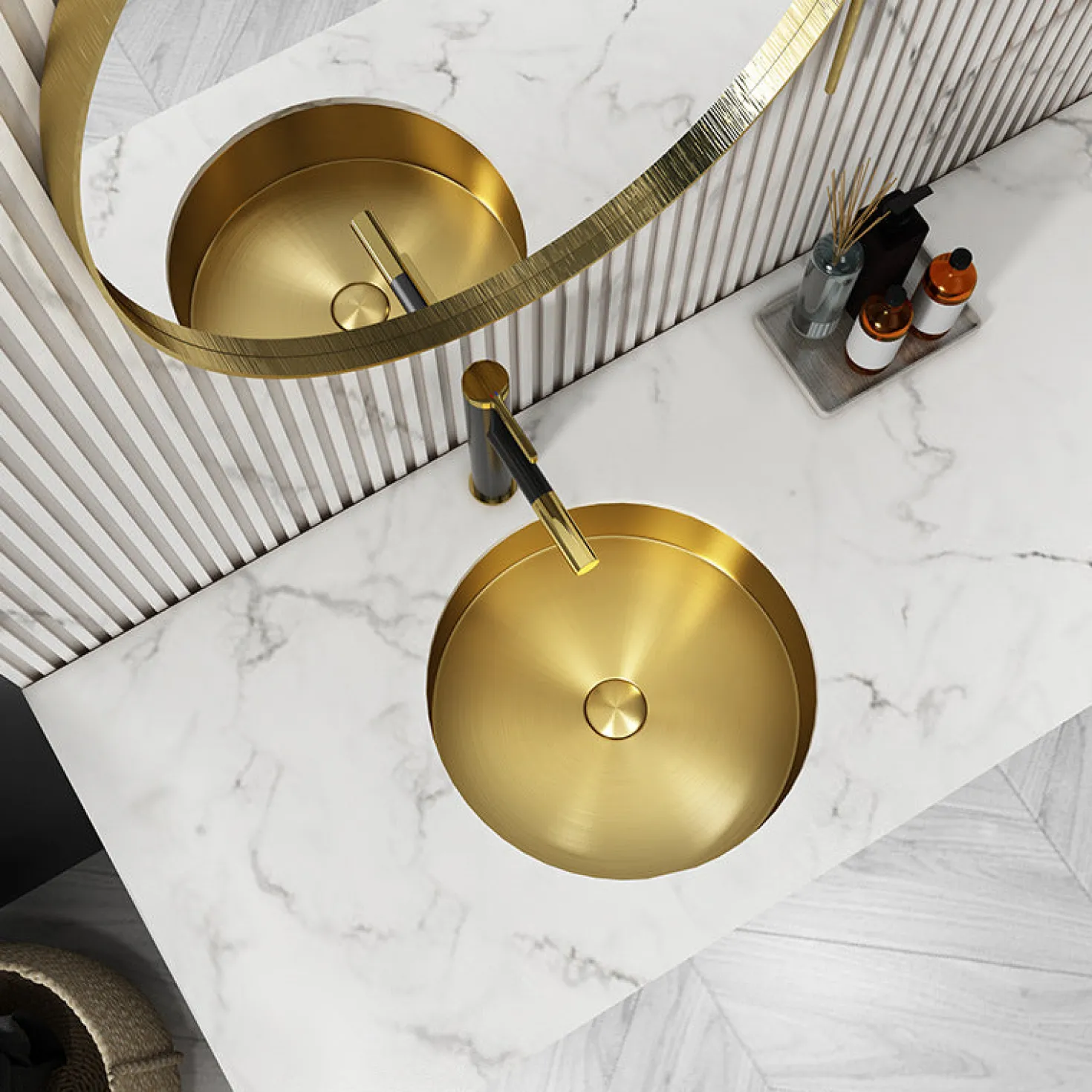 15" Round Stainless Steel Undermount Bathroom Sink with Drain in Gold