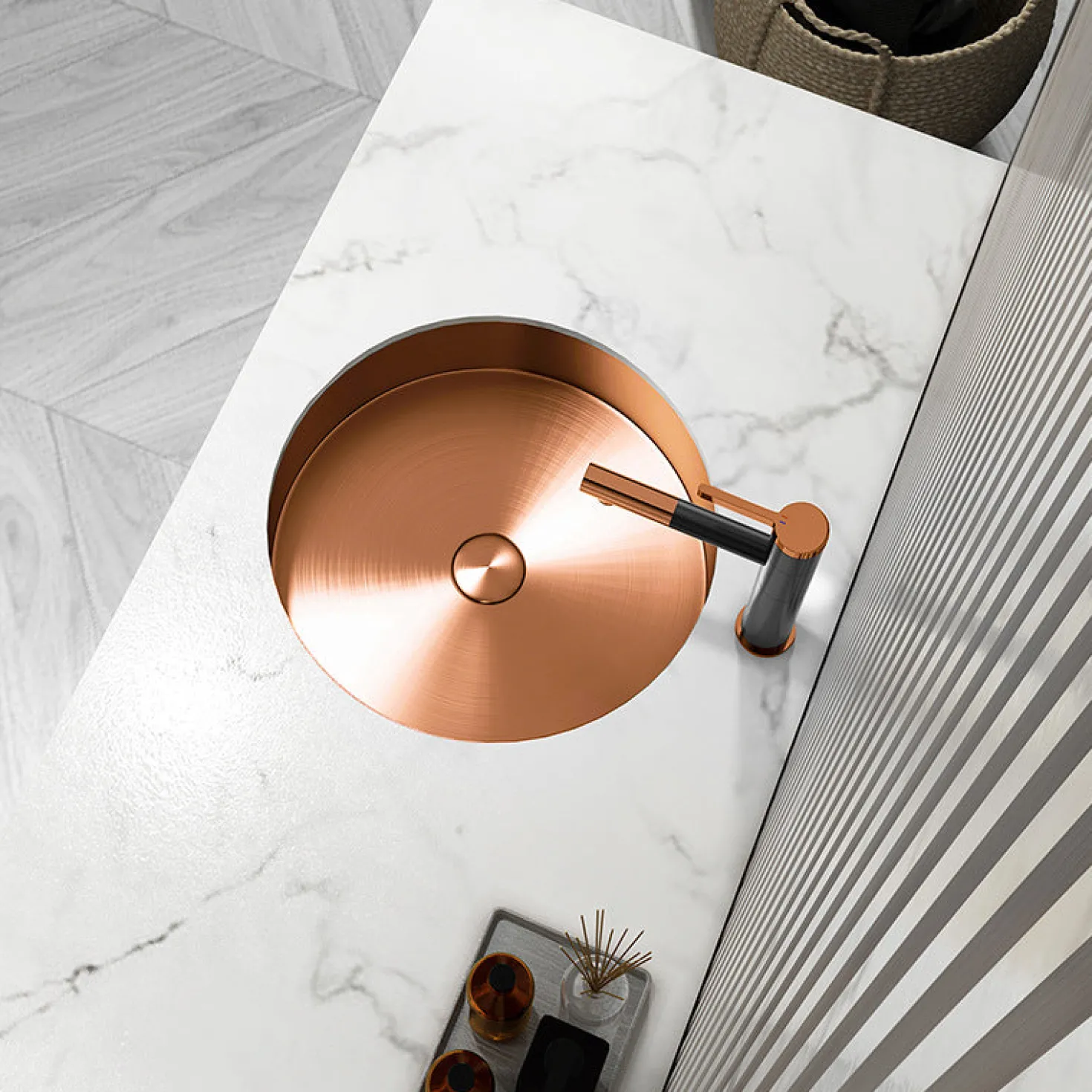 15" Round Stainless Steel Undermount Bathroom Sink with Drain in Rose Gold