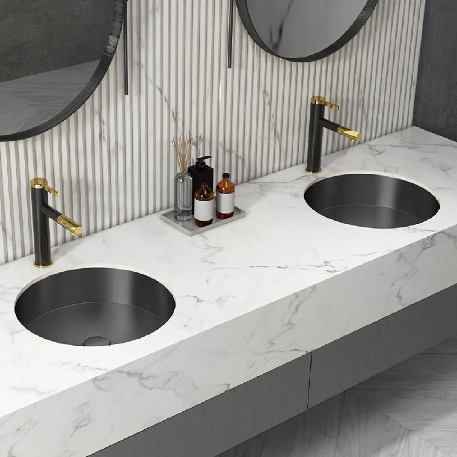 15" Round Stainless Steel Undermount Bathroom Sink with Drain in Black