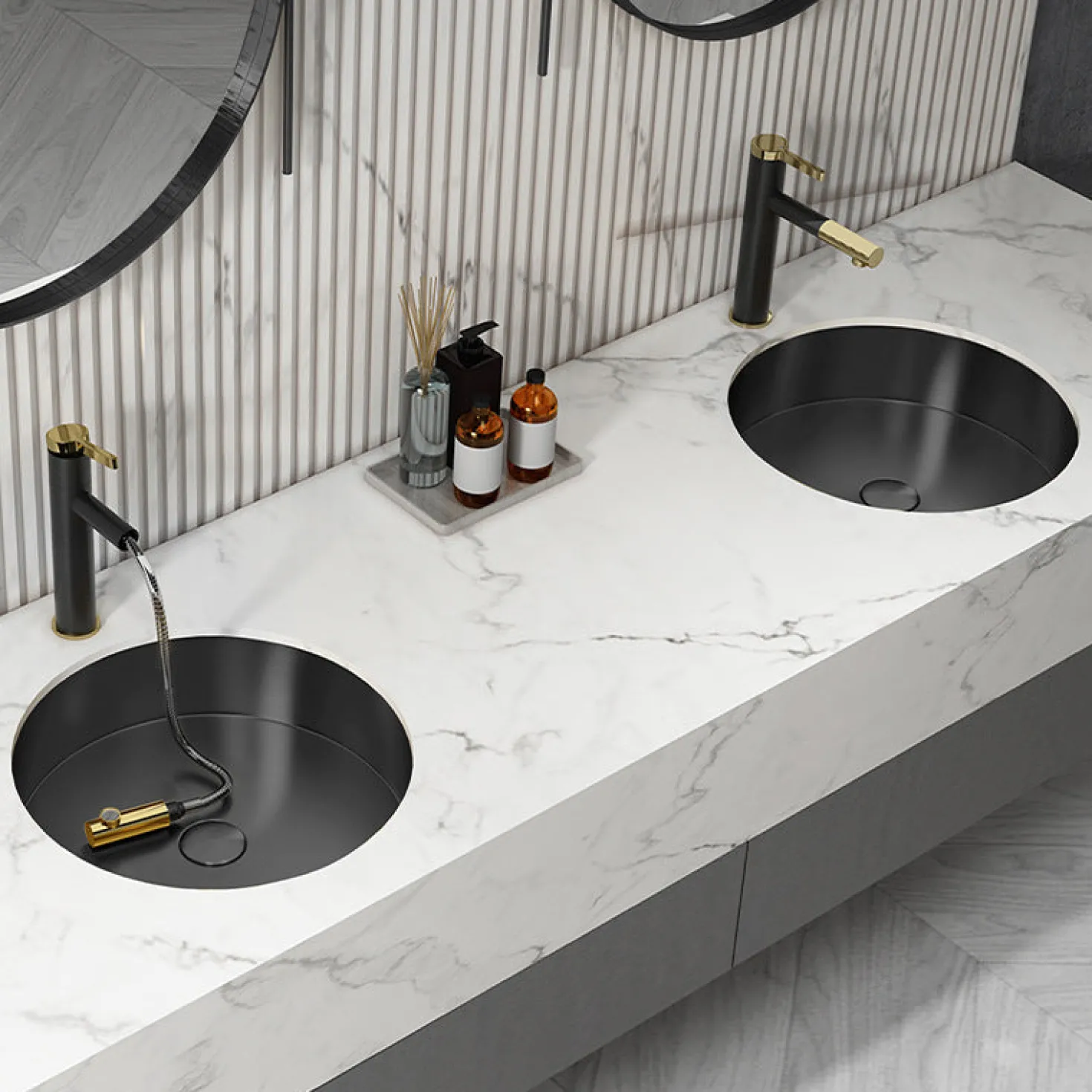 15" Round Stainless Steel Undermount Bathroom Sink with Drain in Black