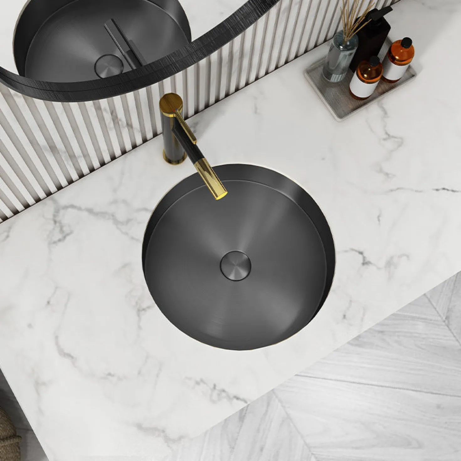 15" Round Stainless Steel Undermount Bathroom Sink with Drain in Black