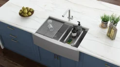 Ruvati 33" Apron-front Workstation Low-Divide Double Bowl 60/40 Farmhouse 16 Gauge Stainless Steel Kitchen Sink
