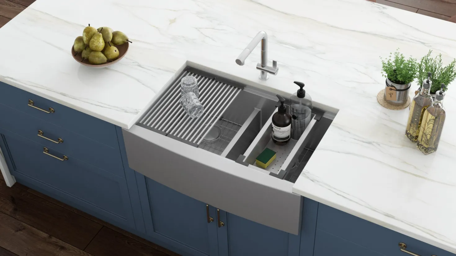 Ruvati 33" Apron-front Workstation Low-Divide Double Bowl 60/40 Farmhouse 16 Gauge Stainless Steel Kitchen Sink