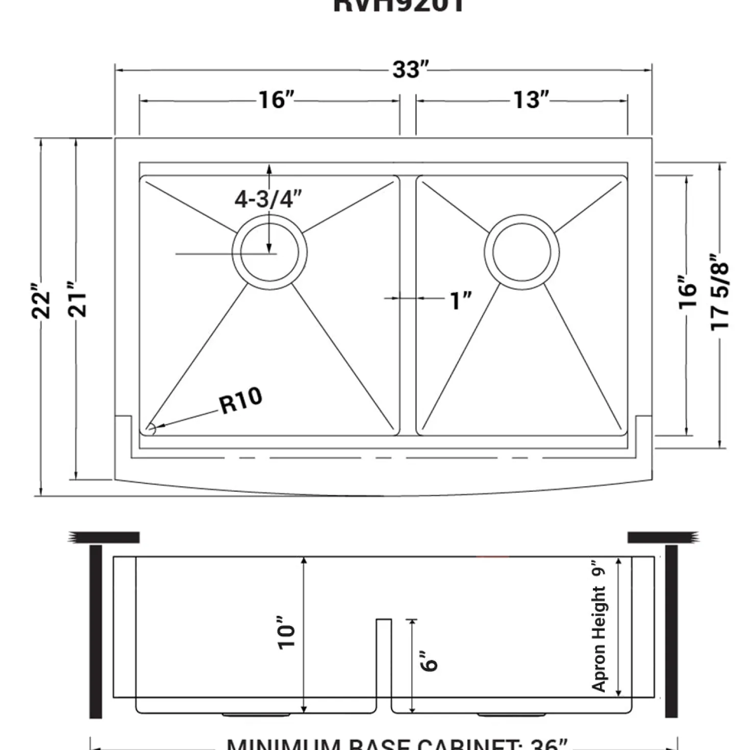Ruvati 33" Apron-front Workstation Low-Divide Double Bowl 60/40 Farmhouse 16 Gauge Stainless Steel Kitchen Sink
