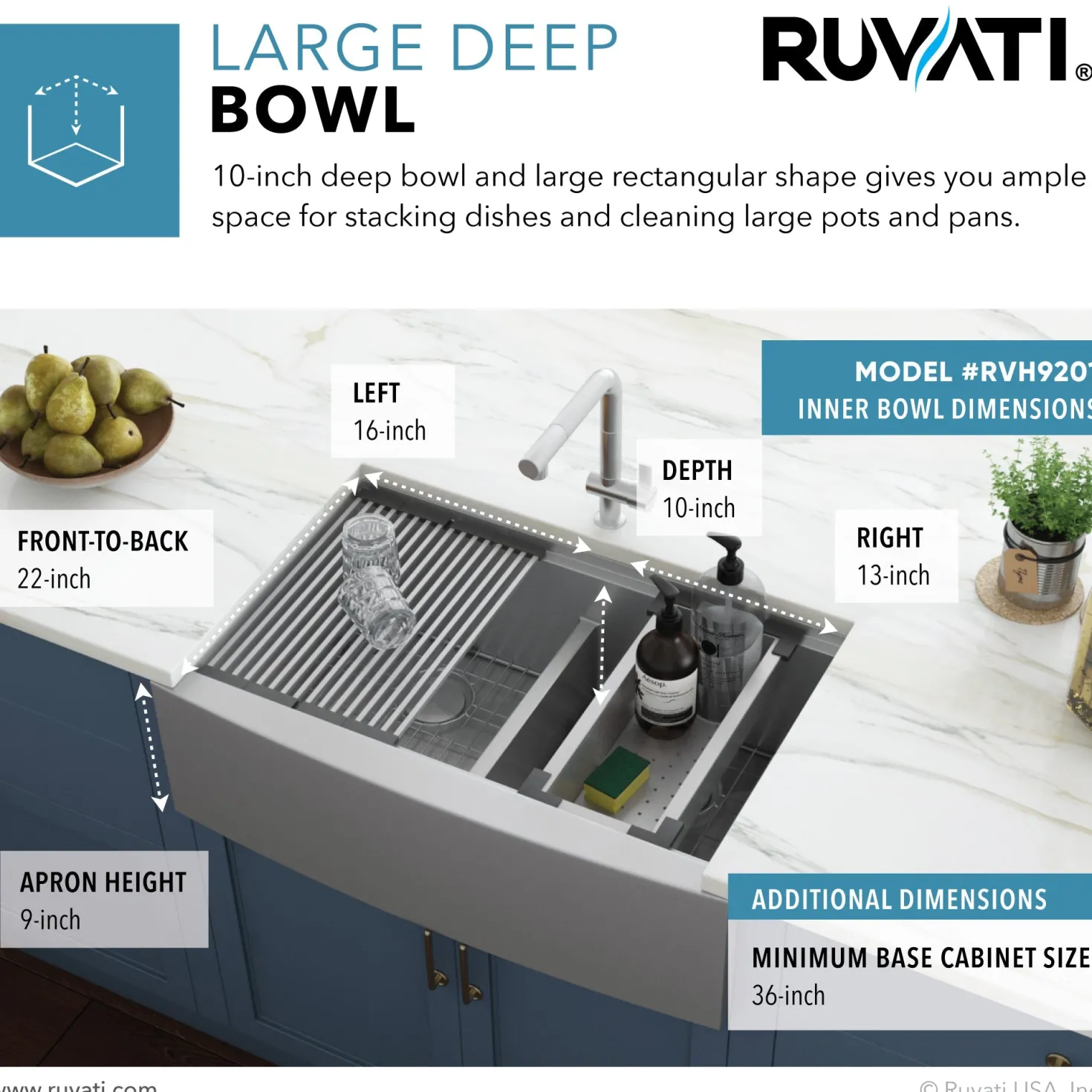 Ruvati 33" Apron-front Workstation Low-Divide Double Bowl 60/40 Farmhouse 16 Gauge Stainless Steel Kitchen Sink