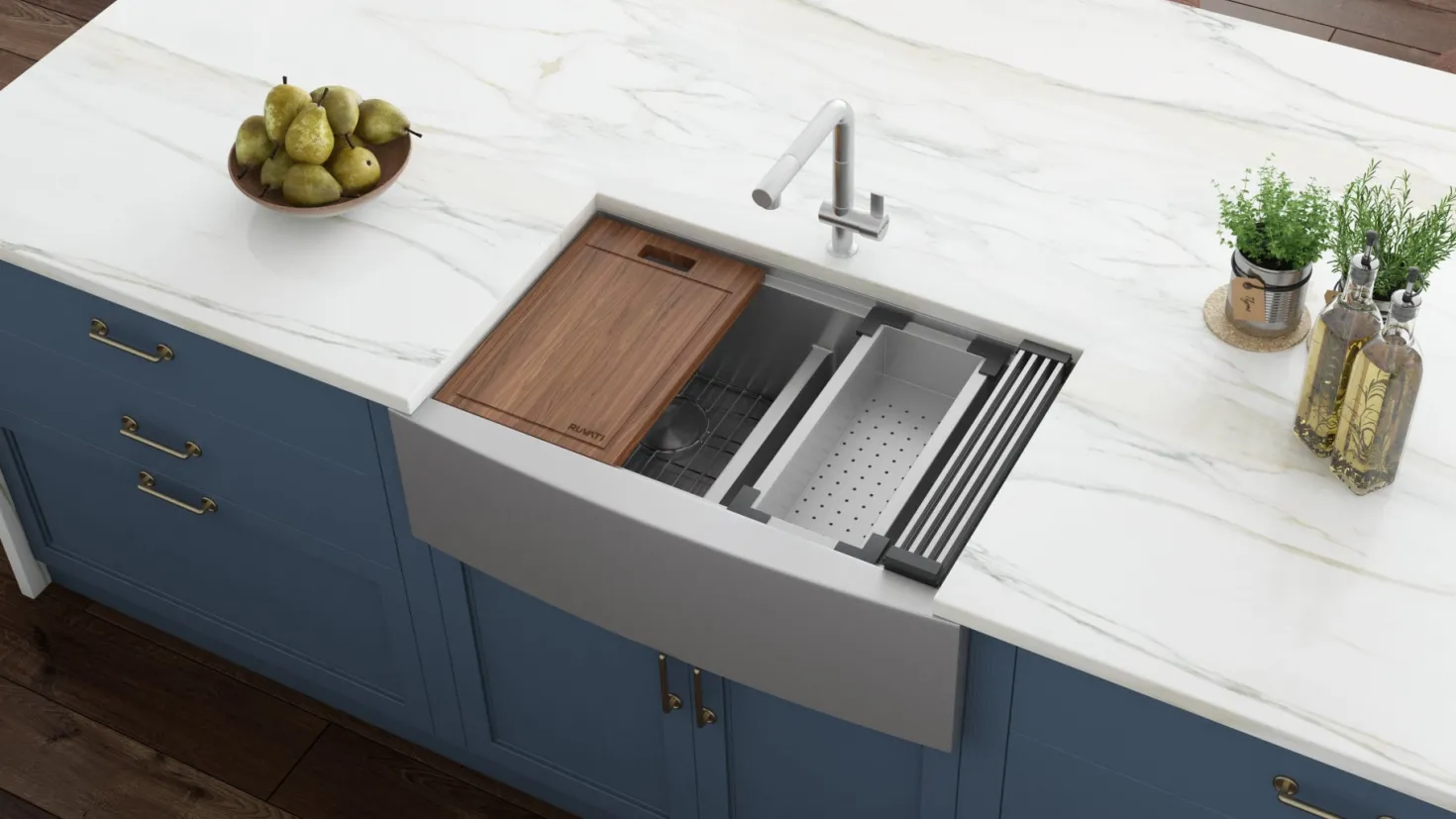 Ruvati 36" Apron-front Workstation Low-Divide Double Bowl 50/50 Farmhouse 16 Gauge Stainless Steel Kitchen Sink