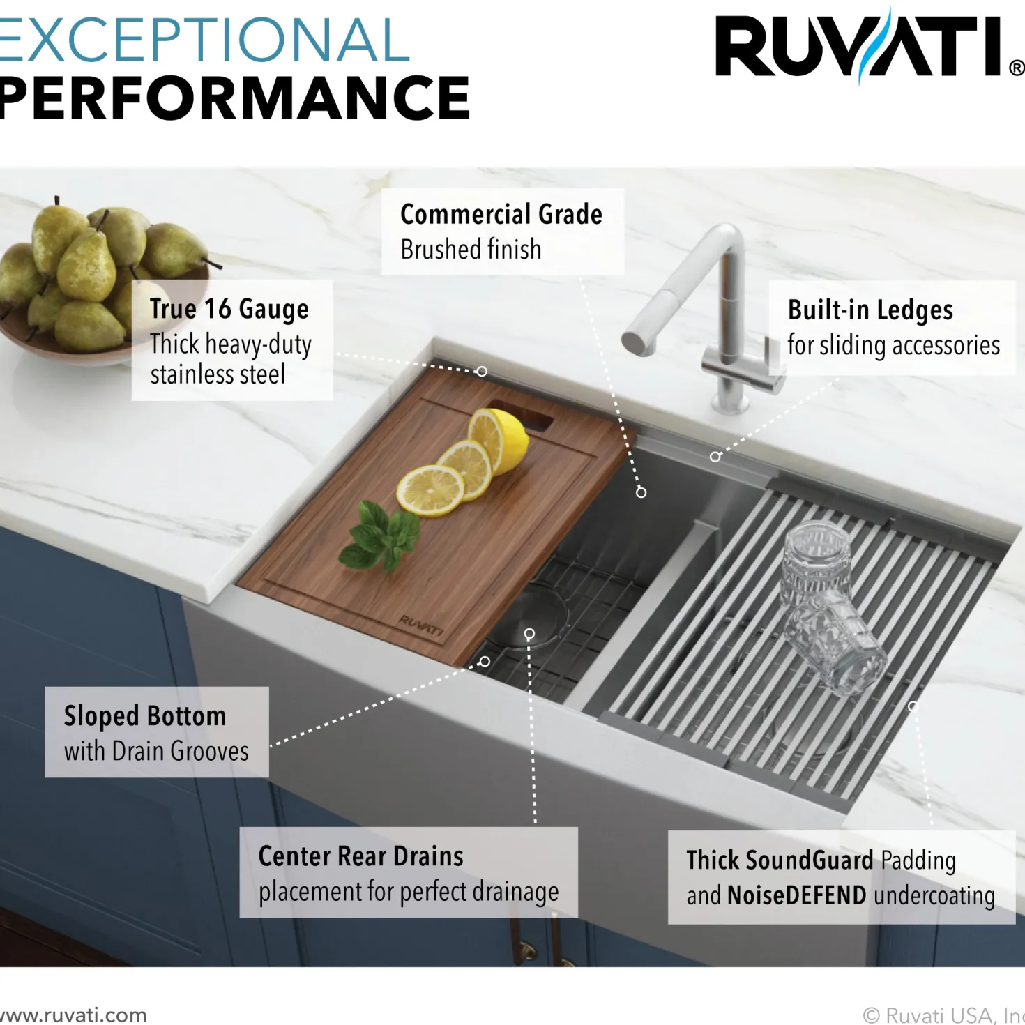 Ruvati 36" Apron-front Workstation Low-Divide Double Bowl 50/50 Farmhouse 16 Gauge Stainless Steel Kitchen Sink