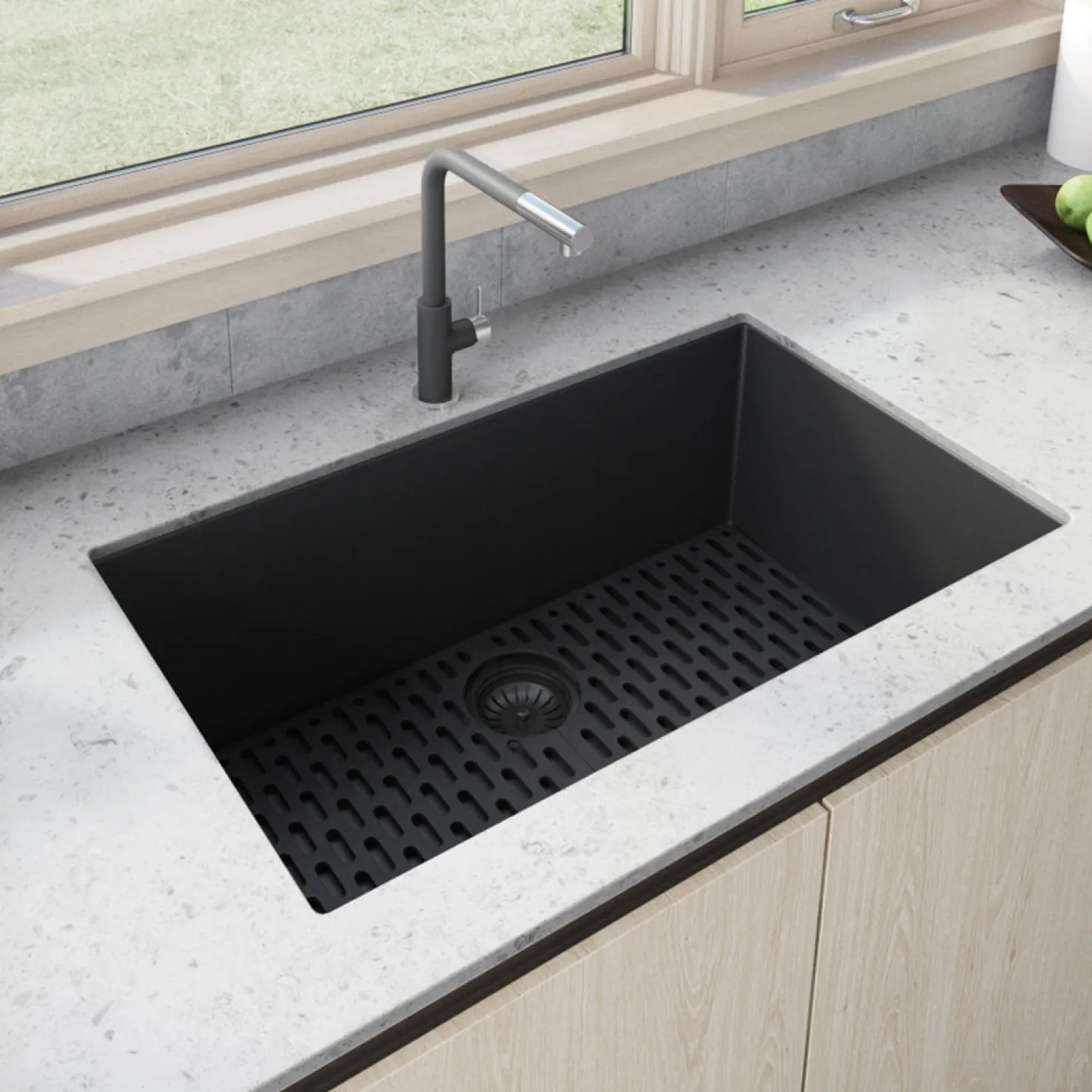 Ruvati 27" Composite Undermount Single Bowl Kitchen Sink in Midnight Black