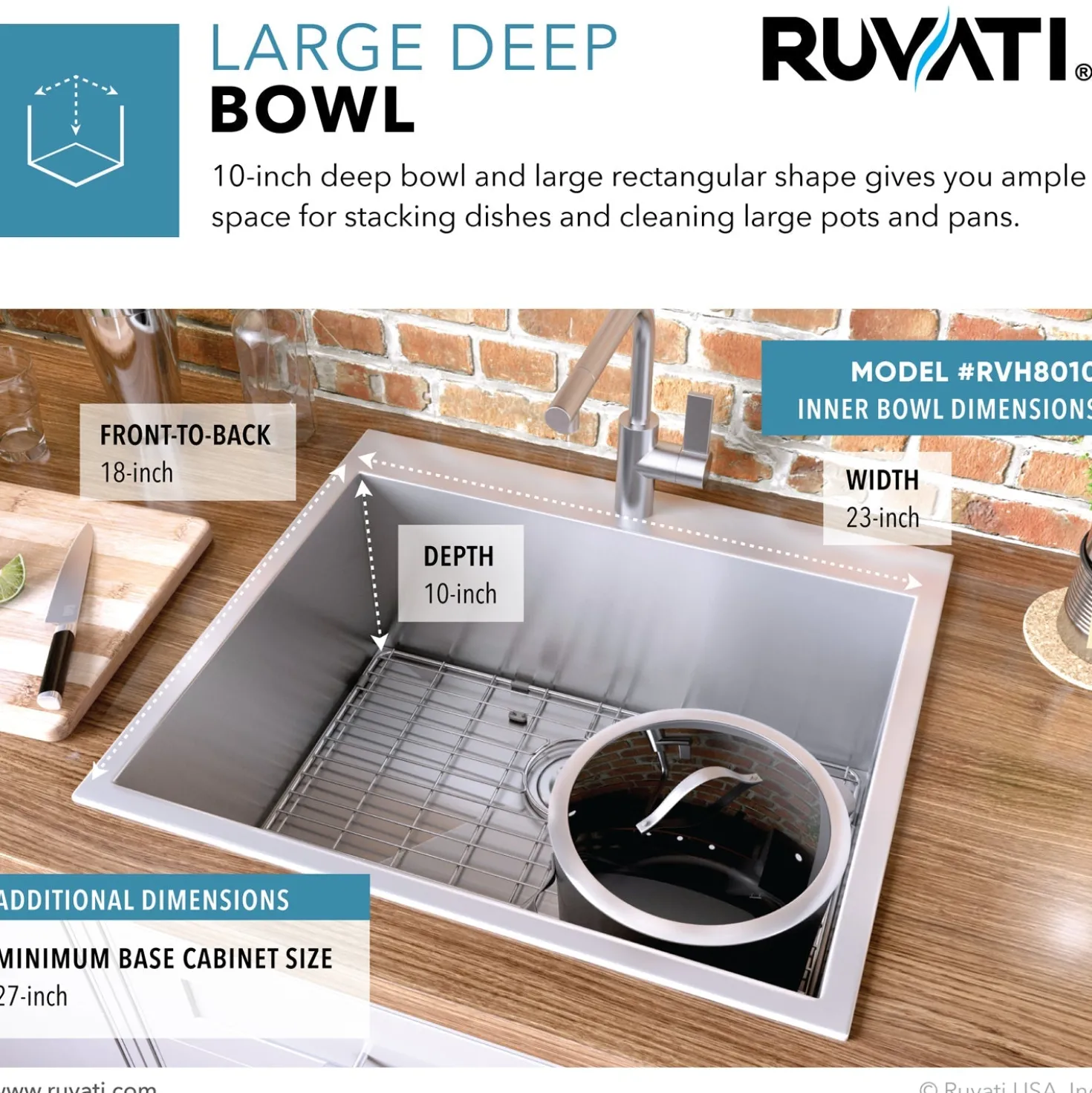 Ruvati 25" Drop-in Topmount 16 Gauge Stainless Steel Single Bowl Kitchen Sink