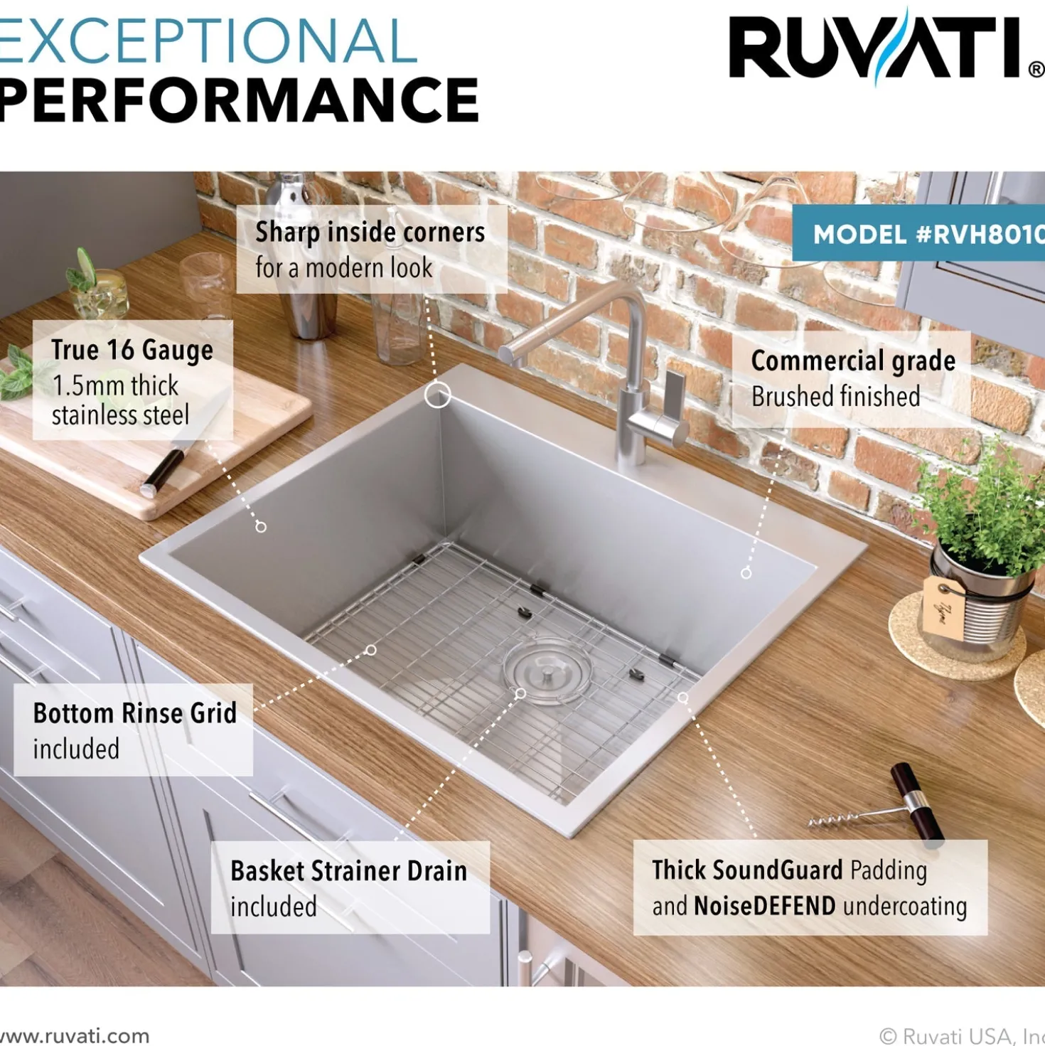 Ruvati 25" Drop-in Topmount 16 Gauge Stainless Steel Single Bowl Kitchen Sink