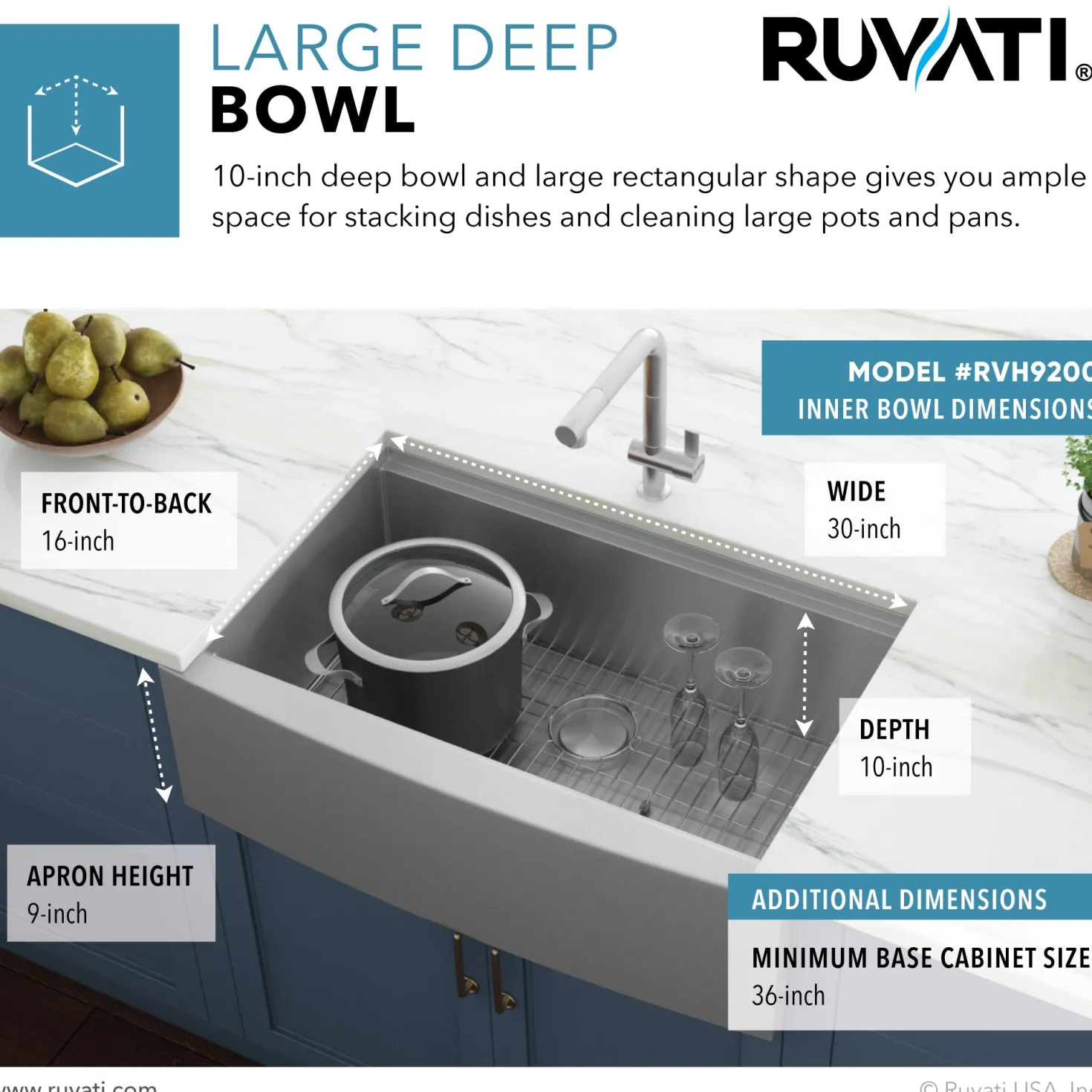 Ruvati 36" Farmhouse Single Bowl Stainless Workstation Kitchen Sink