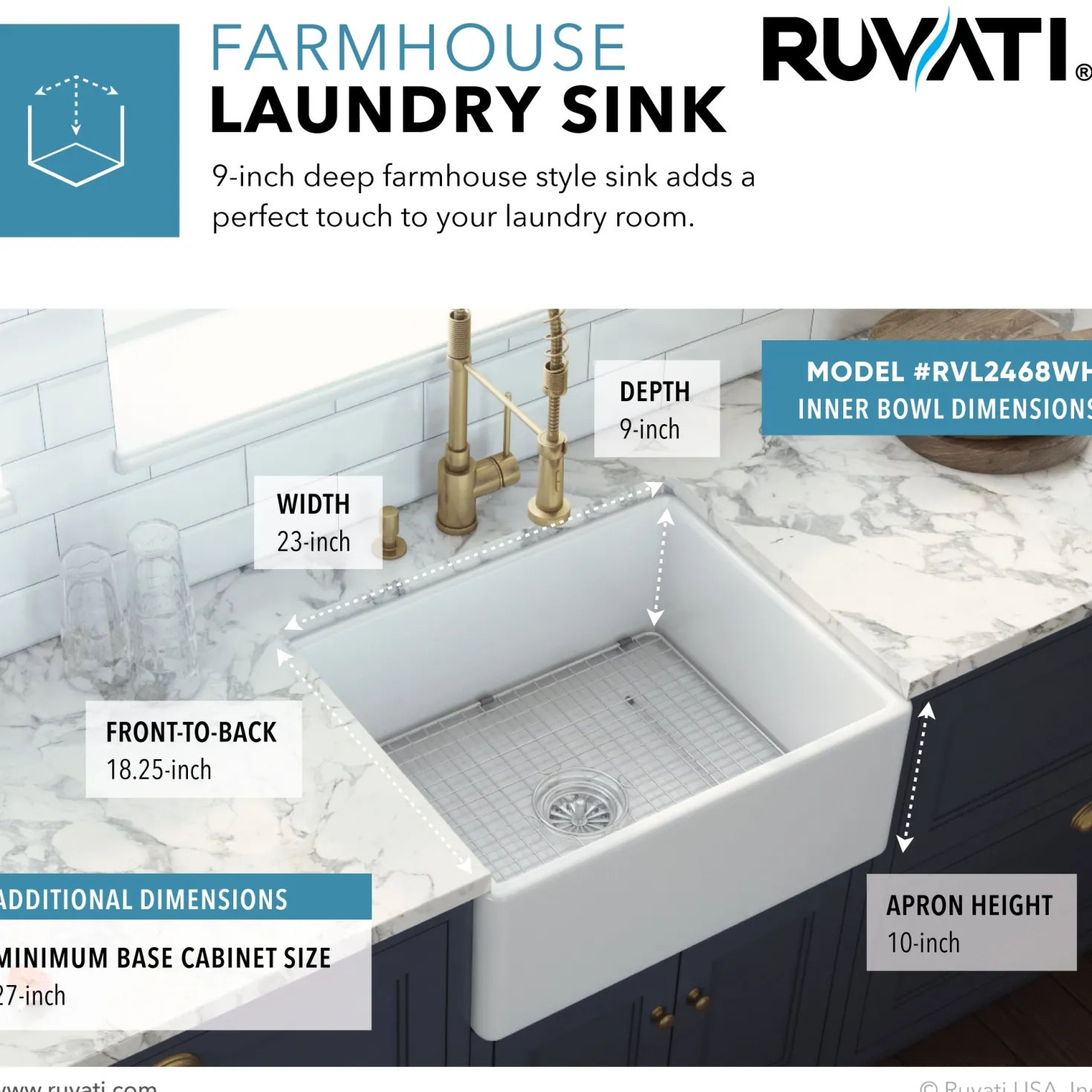 Ruvati 23" Fireclay Farmhouse Kitchen Laundry Utility Sink Single Bowl in White