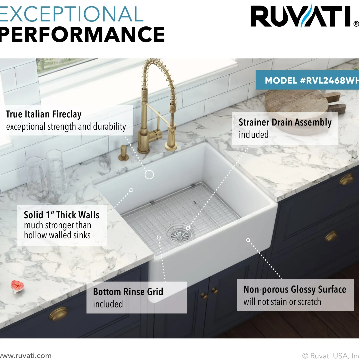 Ruvati 23" Fireclay Farmhouse Kitchen Laundry Utility Sink Single Bowl in White