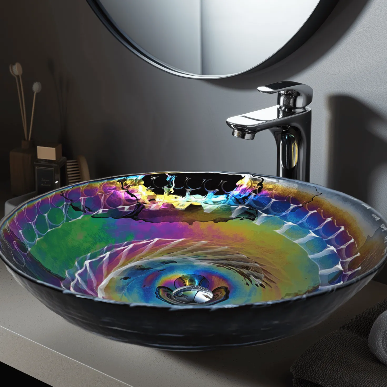 Ruvati 16" Glass Art Vessel Circle Decorative Pattern Bathroom Sink - Cosmic Black