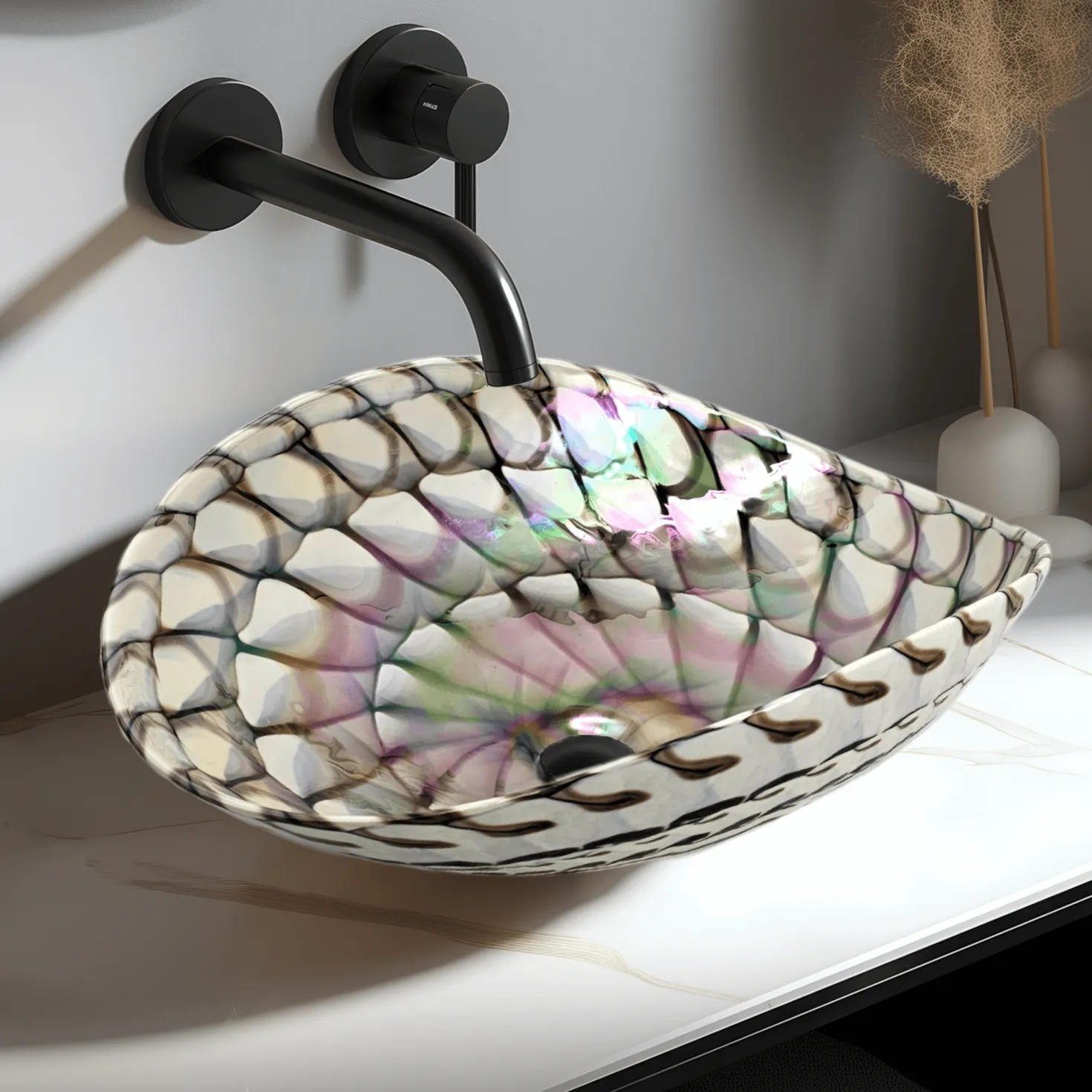 Ruvati 19" Glass Art Vessel Seashell Decorative Pattern Bathroom Sink - Nautilus Brown