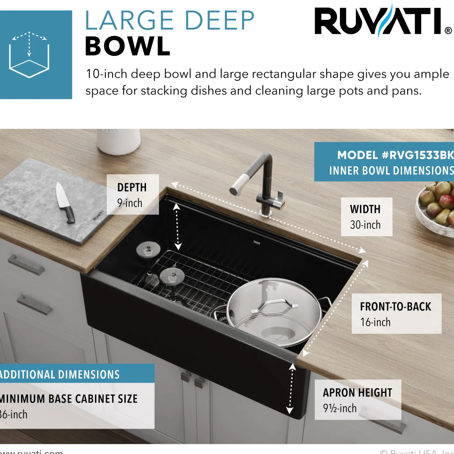 Ruvati 33" Granite Composite Farmhouse Workstation Apron Front Kitchen Sink