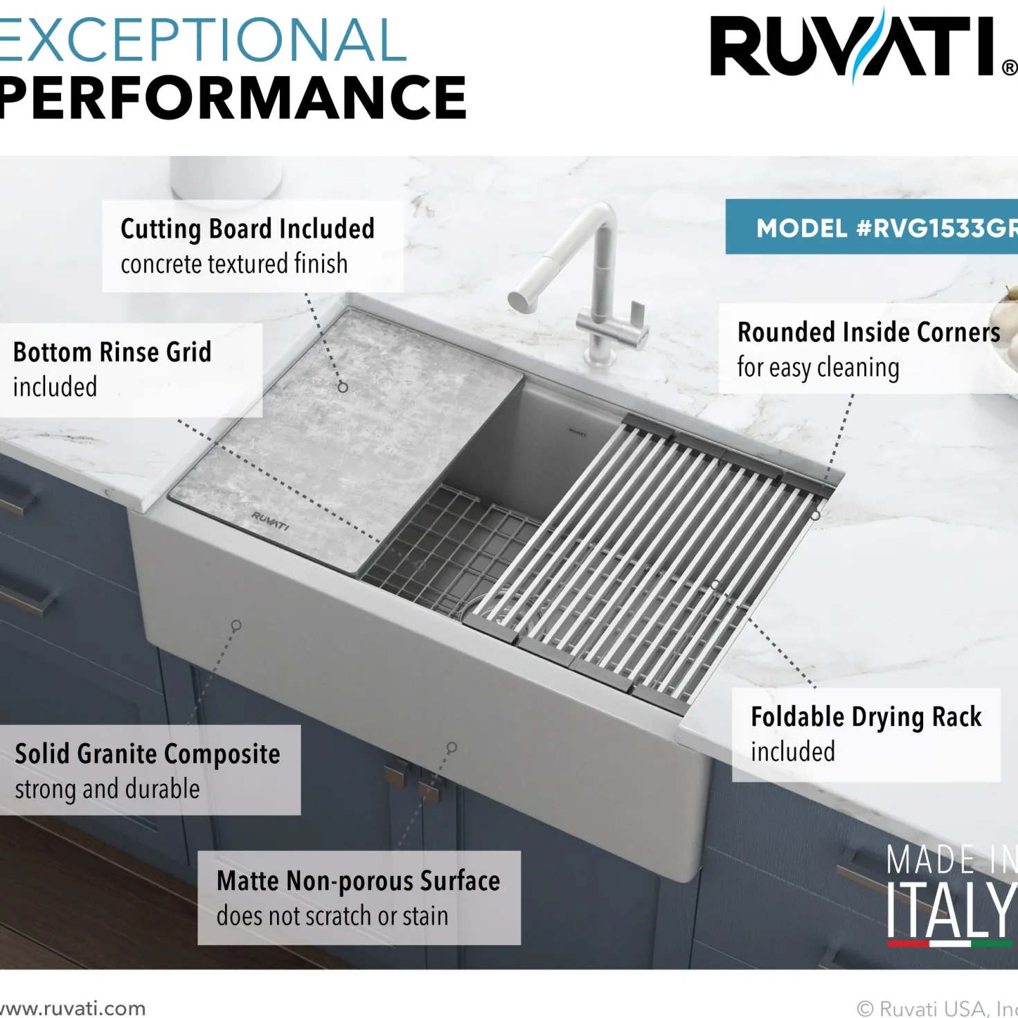 Ruvati 33" Granite Composite Farmhouse Workstation Apron Front Kitchen Sink