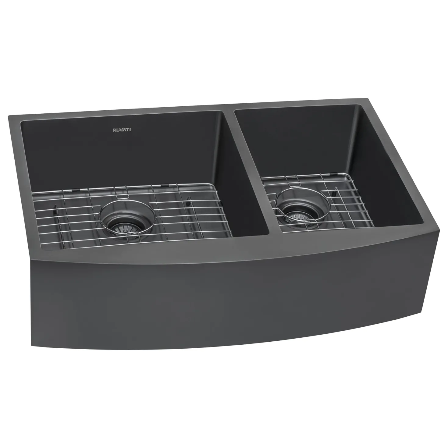 Ruvati 33" Gunmetal Stainless Steel 60/40 Double Bowl Apron Front Farmhouse Kitchen Sink
