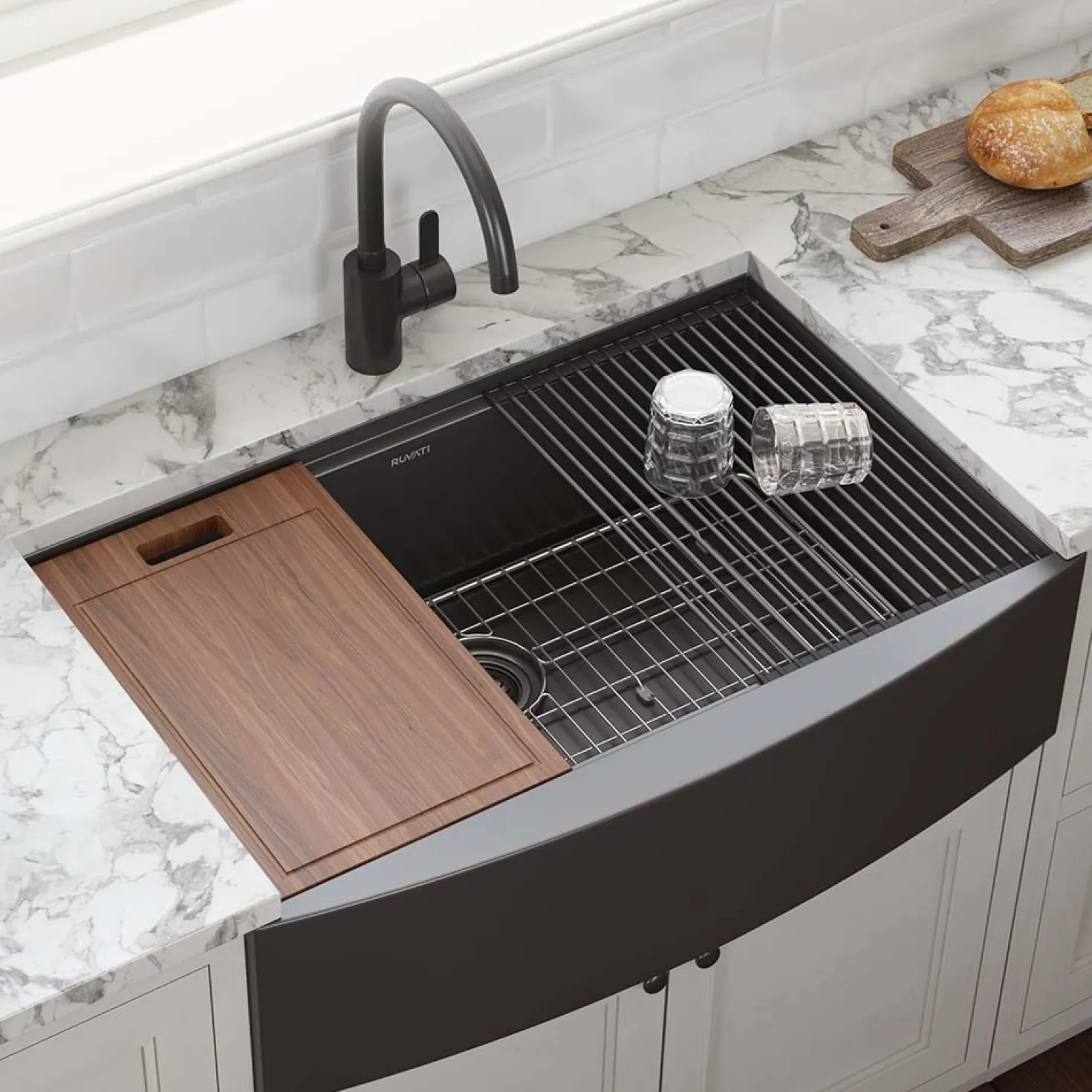 Ruvati 30" Gunmetal Workstation Apron Front Stainless Steel Kitchen Sink