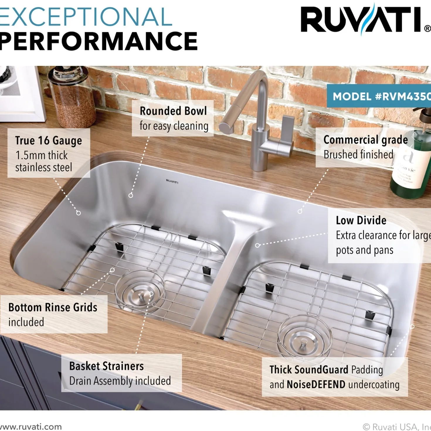 Ruvati 32" Low-Divide 50/50 Double Bowl Undermount 16 Gauge Stainless Steel Kitchen Sink