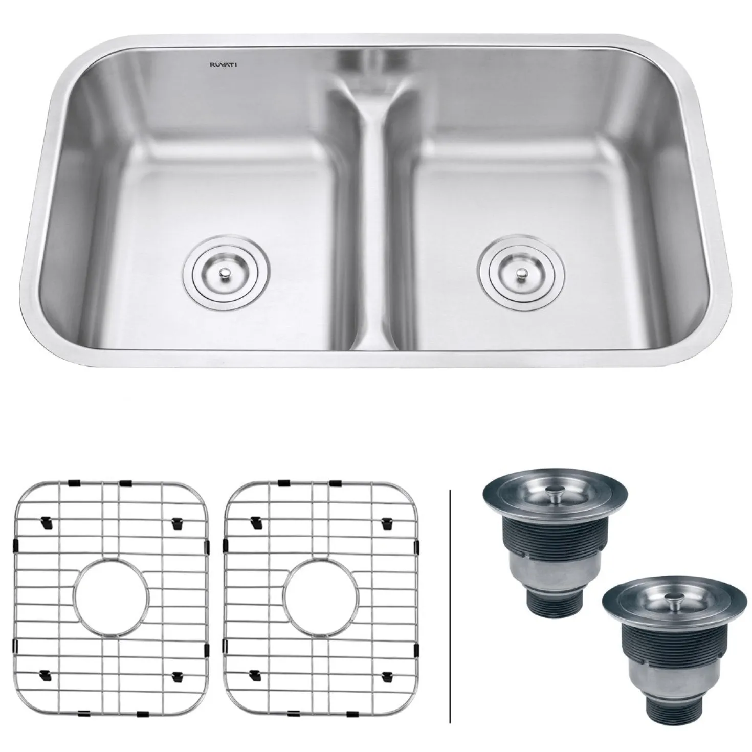 Ruvati 32" Low-Divide 50/50 Double Bowl Undermount 16 Gauge Stainless Steel Kitchen Sink