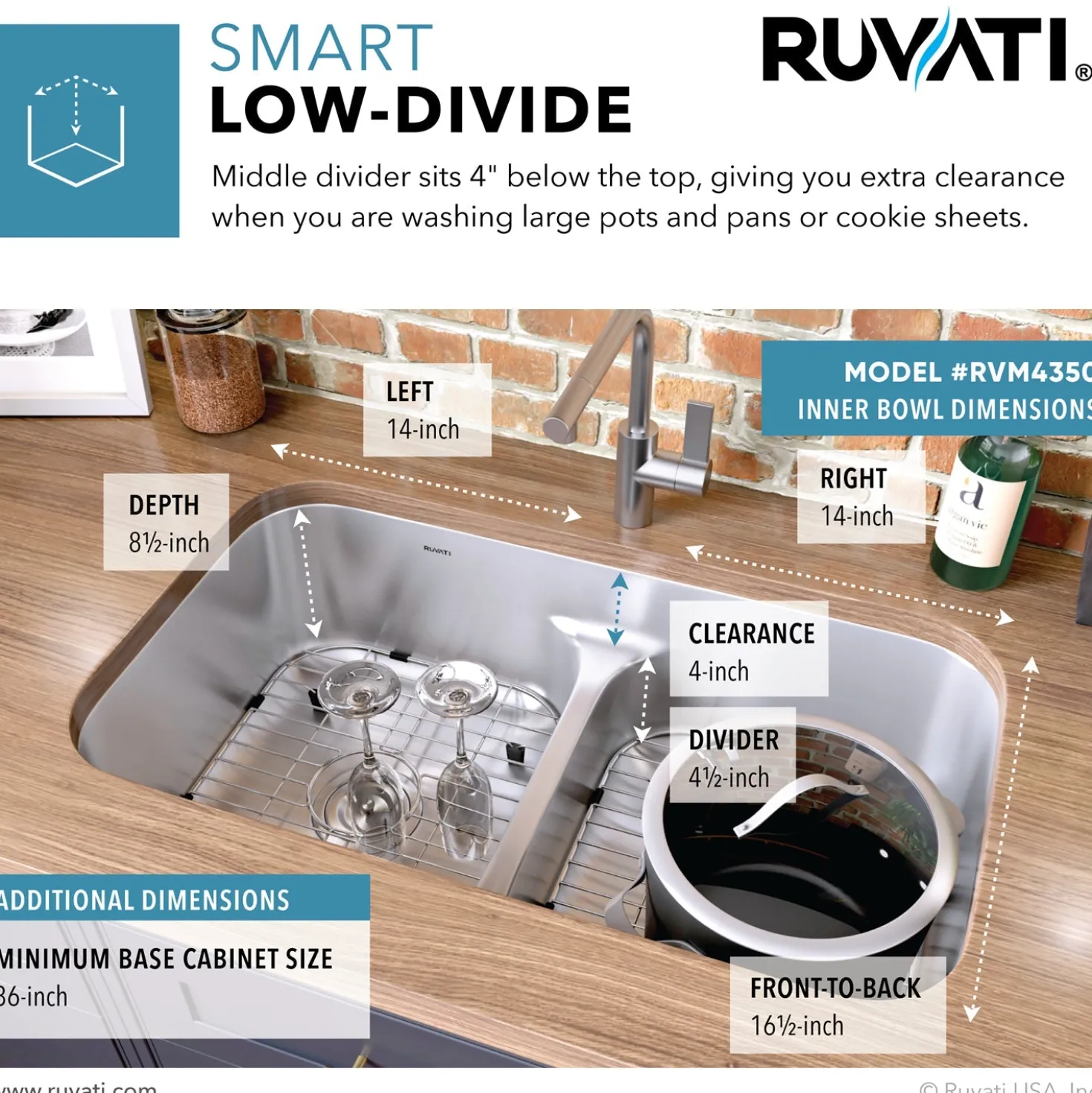 Ruvati 32" Low-Divide 50/50 Double Bowl Undermount 16 Gauge Stainless Steel Kitchen Sink