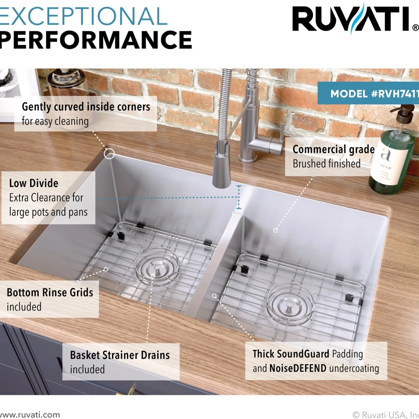 Ruvati Low-Divide Undermount Tight Radius 50/50 Double Bowl 16 Gauge Stainless Steel Kitchen Sink