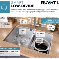 Ruvati Low-Divide Undermount Tight Radius 50/50 Double Bowl 16 Gauge Stainless Steel Kitchen Sink