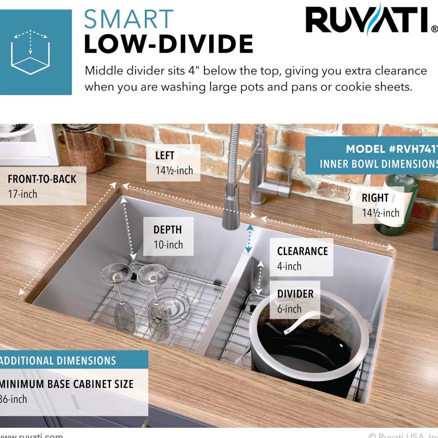 Ruvati Low-Divide Undermount Tight Radius 50/50 Double Bowl 16 Gauge Stainless Steel Kitchen Sink
