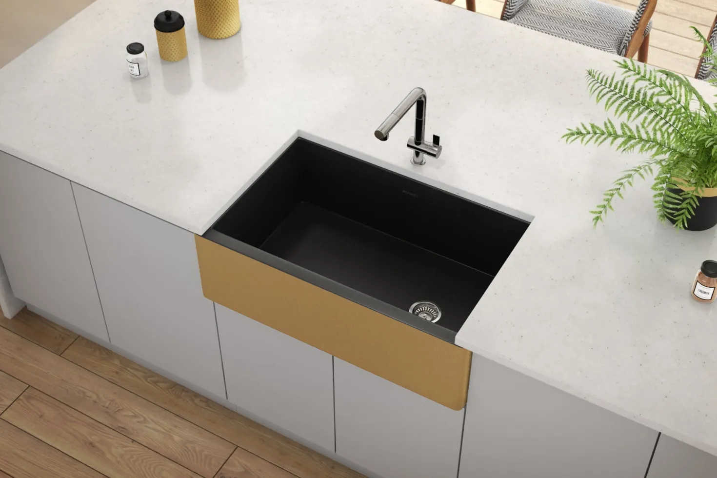 Ruvati 30" Matte Black Fireclay Farmhouse Kitchen Sink with Brushed Gold Apron