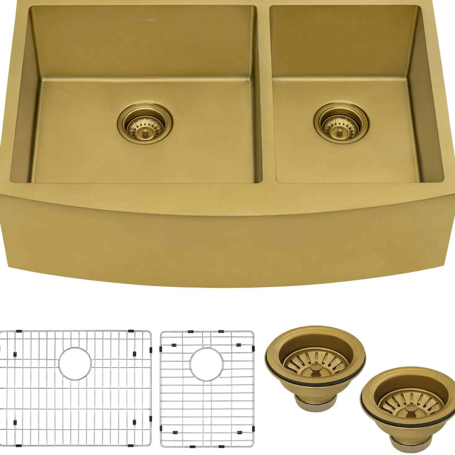 Ruvati 33" Matte Gold Stainless Steel 60/40 Double Bowl Apron Front Farmhouse Kitchen Sink
