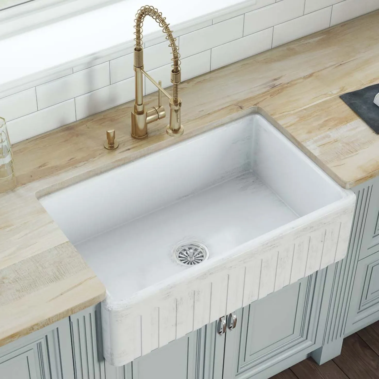 Ruvati 33" Reversible Distressed White Fireclay Farmhouse Apron Front Kitchen Sink