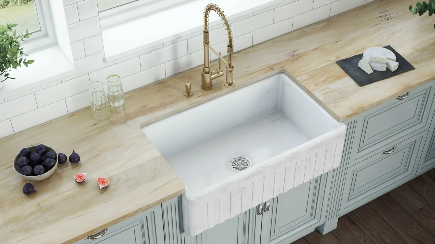 Ruvati 33" Reversible Distressed White Fireclay Farmhouse Apron Front Kitchen Sink