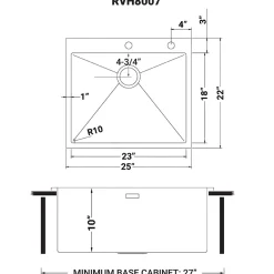 Ruvati RVH8007 25" Drop-in Tight Radius Topmount 16 Gauge Stainless Steel Single Bowl Kitchen Sink