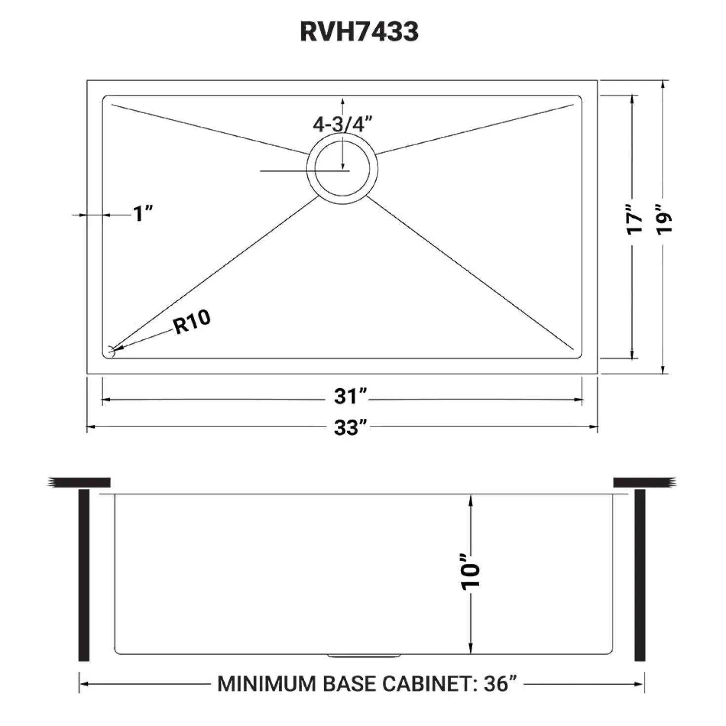 Ruvati RVH7433 33" Undermount 16 Gauge Tight Radius Large Stainless Steel Single Bowl Kitchen Sink