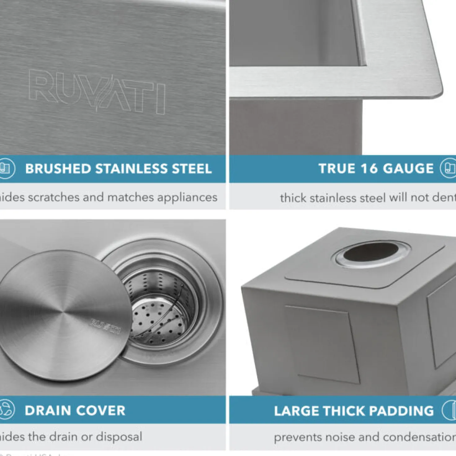 Ruvati RVH8319 18" Undermount 16 Gauge Workstation Prep Sink