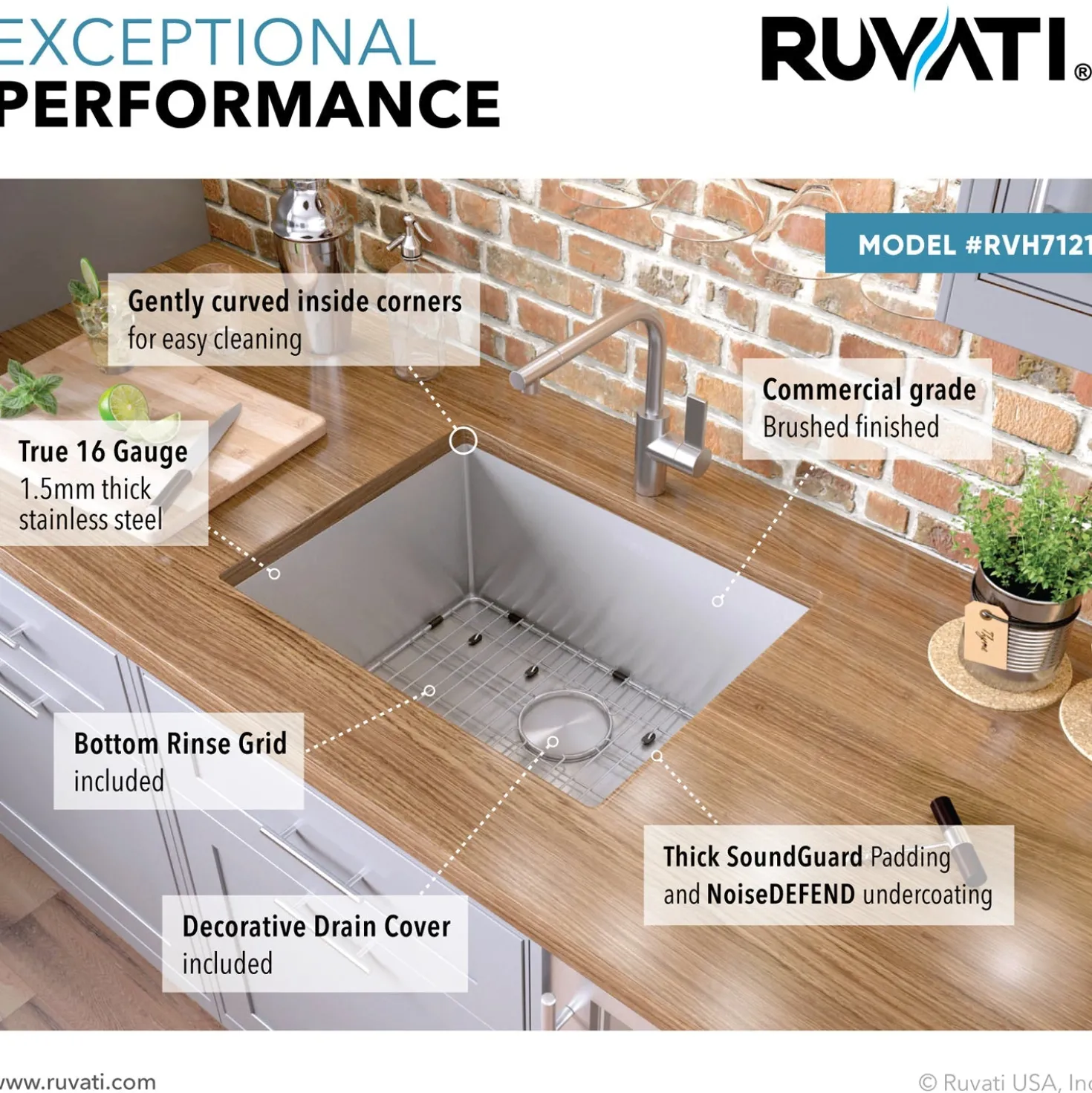 Ruvati RVH7121 21" Undermount Tight Radius 16 Gauge Stainless Steel Single Bowl Bar Prep Kitchen Sink