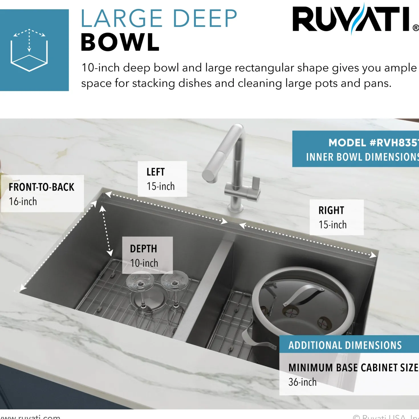 Ruvati RVH8351 33" Workstation Ledge Tight Radius 50/50 Double Bowl Undermount Kitchen Sink