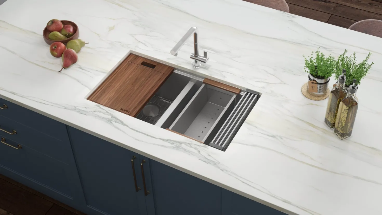 Ruvati RVH8351 33" Workstation Ledge Tight Radius 50/50 Double Bowl Undermount Kitchen Sink