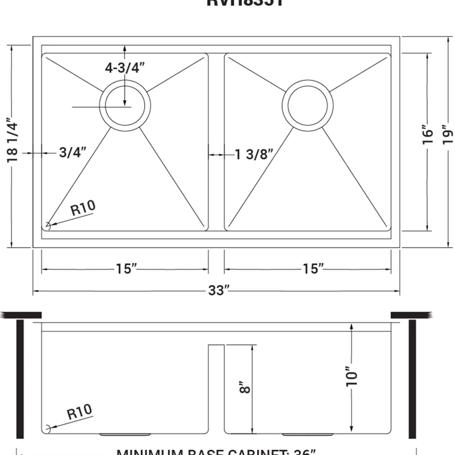 Ruvati RVH8351 33" Workstation Ledge Tight Radius 50/50 Double Bowl Undermount Kitchen Sink