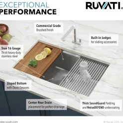 Ruvati RVH8301 32" Workstation Ledge Tight Radius Undermount 16 Gauge Single Bowl Kitchen Sink