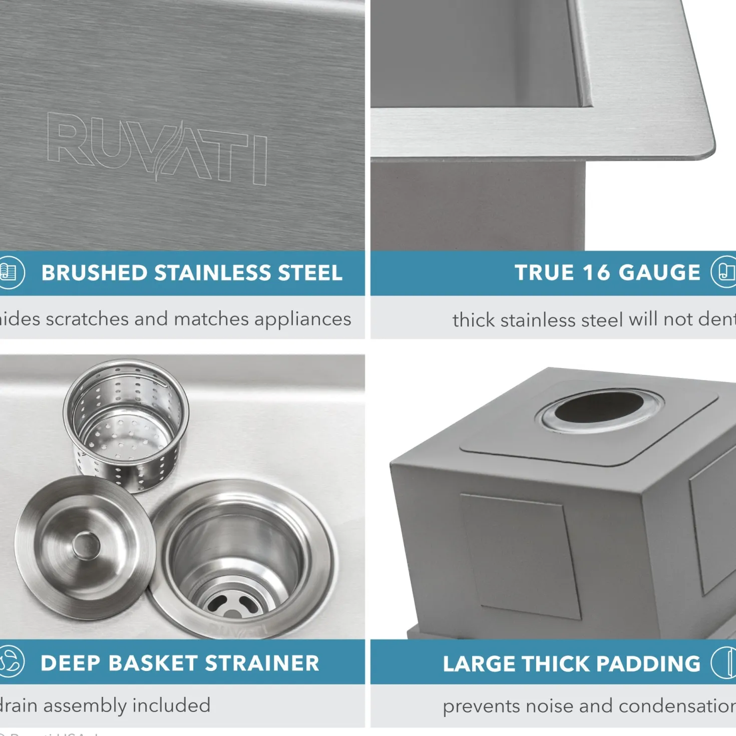 Ruvati RVH8221 21 x 20" RV Workstation Drop-in Topmount 16 Gauge Stainless Steel Bar Prep Kitchen Sink