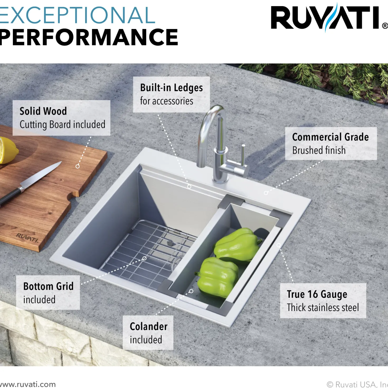 Ruvati RVH8221 21 x 20" RV Workstation Drop-in Topmount 16 Gauge Stainless Steel Bar Prep Kitchen Sink