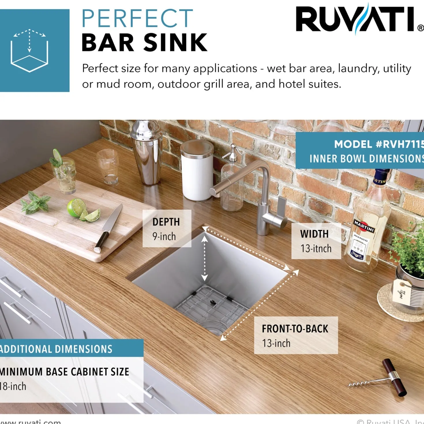 Ruvati RVH7115 15 x 15" Undermount 16 Gauge Zero Radius Single Bowl Bar Prep Square Kitchen Sink