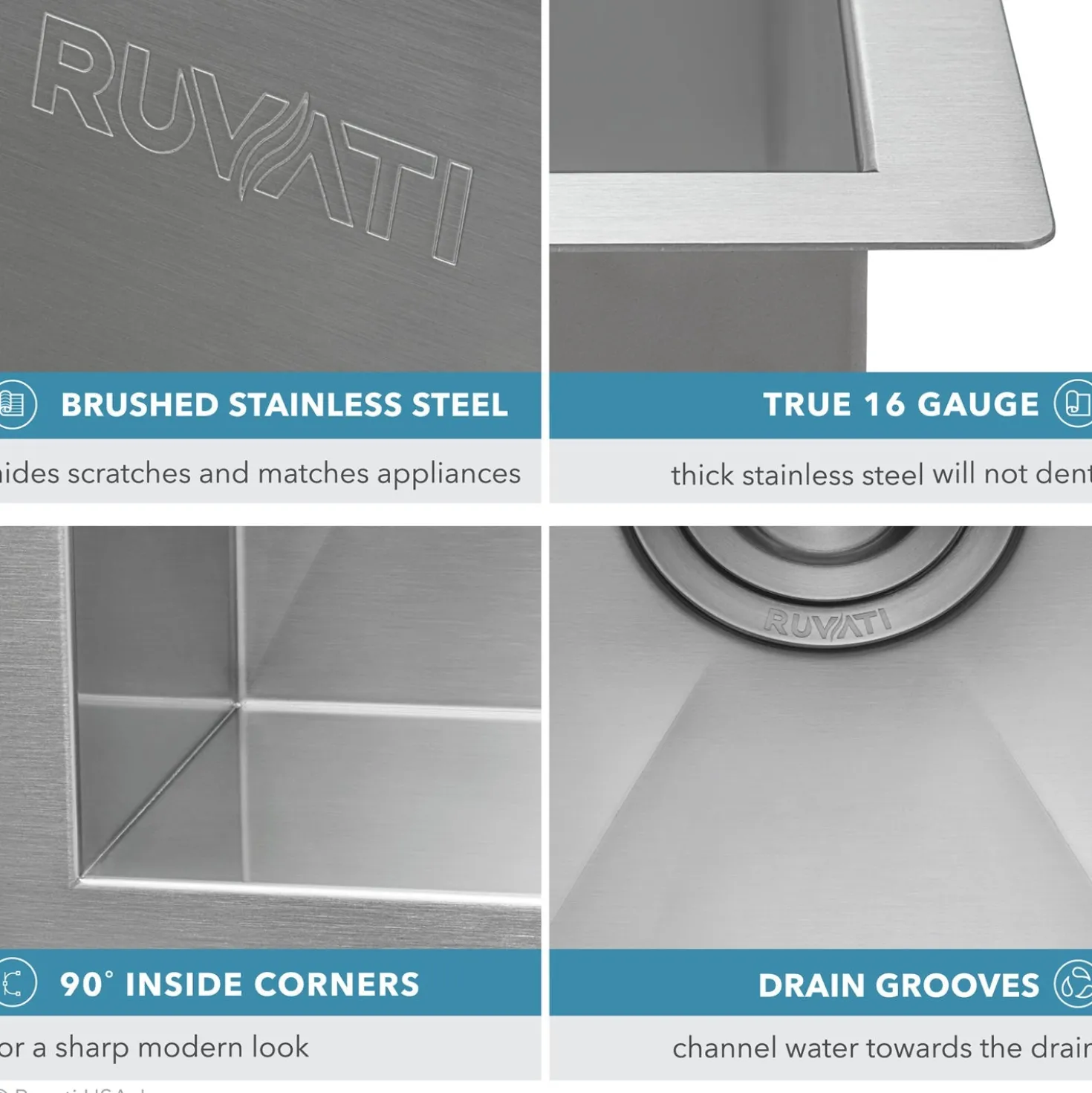 Ruvati RVH7115 15 x 15" Undermount 16 Gauge Zero Radius Single Bowl Bar Prep Square Kitchen Sink
