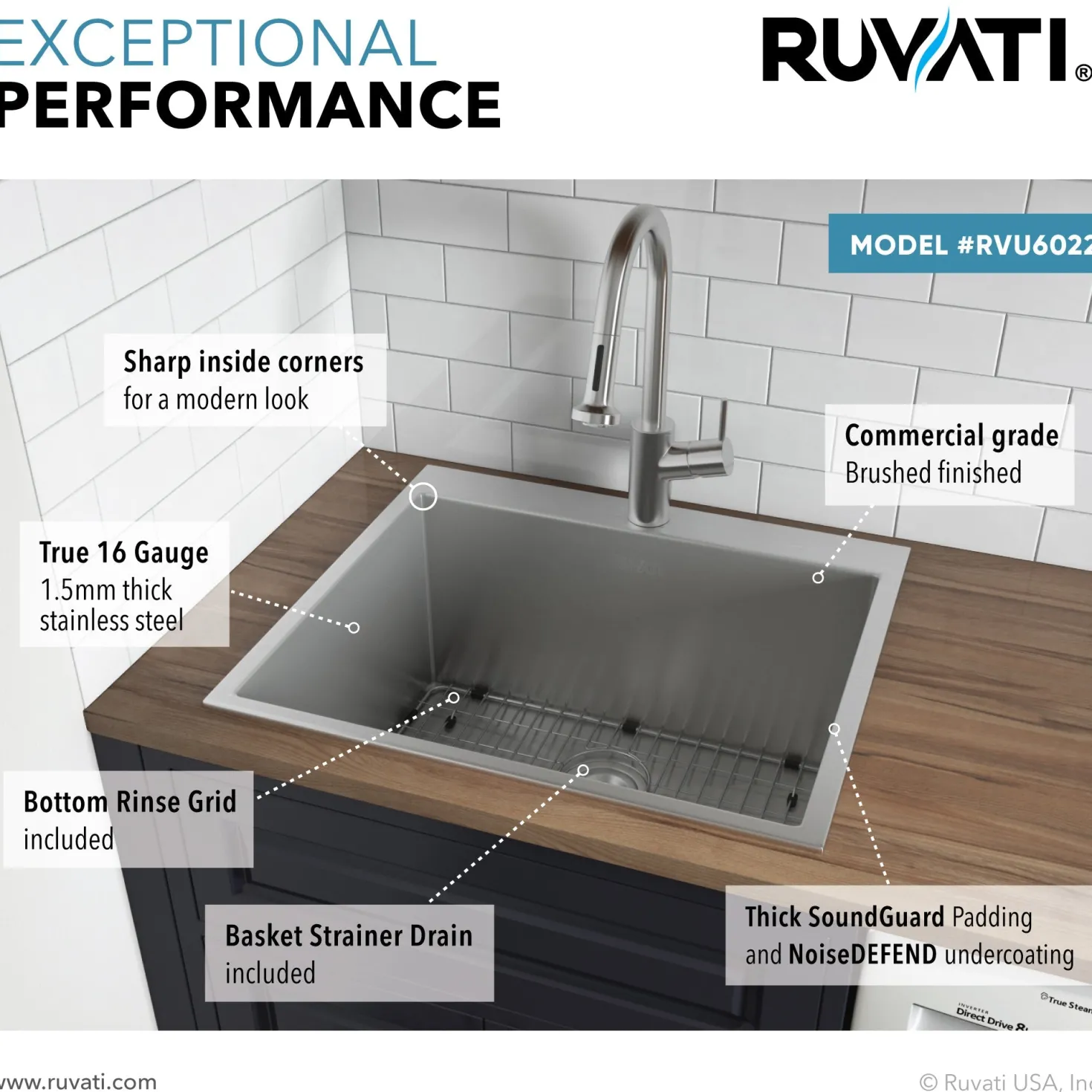 Ruvati RVU6022 Topmount 22" x 22" x 12" Deep 16 Gauge Stainless Steel Laundry Utility Sink