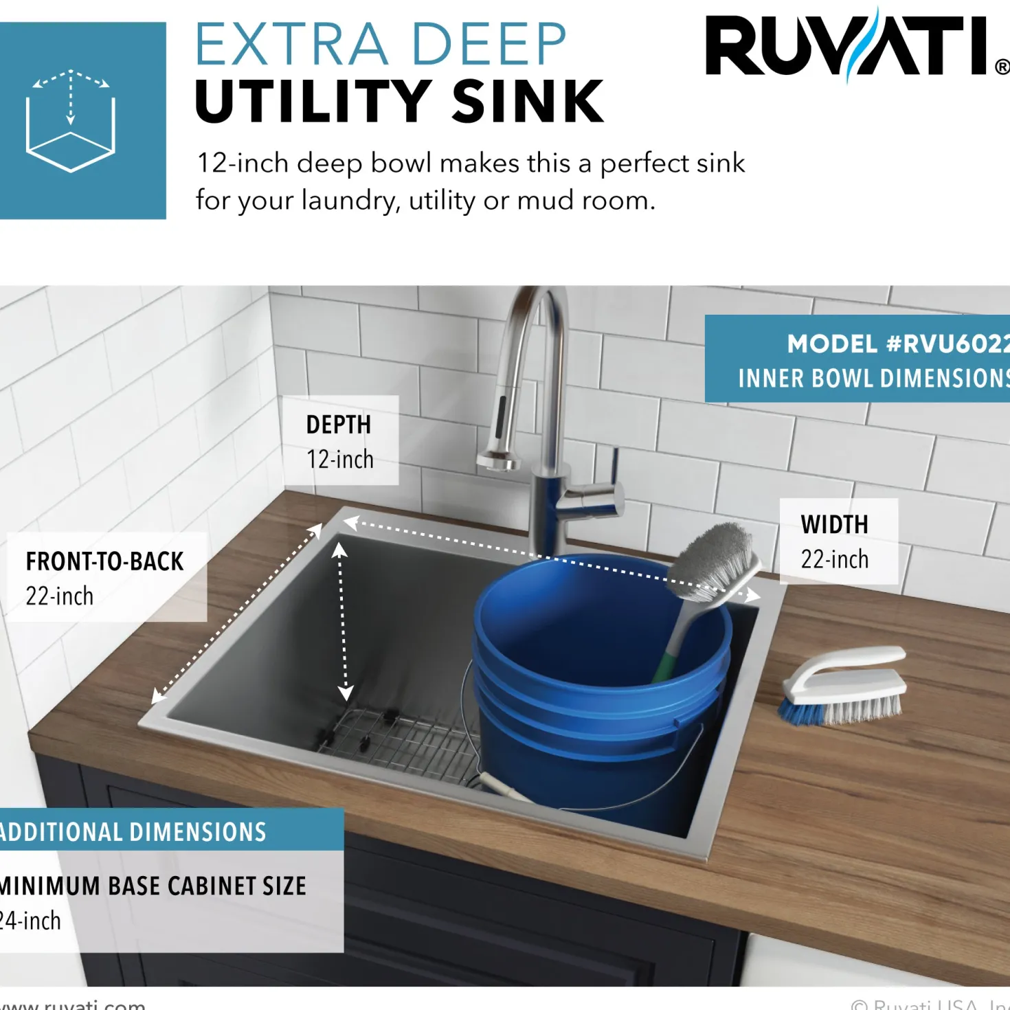 Ruvati RVU6022 Topmount 22" x 22" x 12" Deep 16 Gauge Stainless Steel Laundry Utility Sink