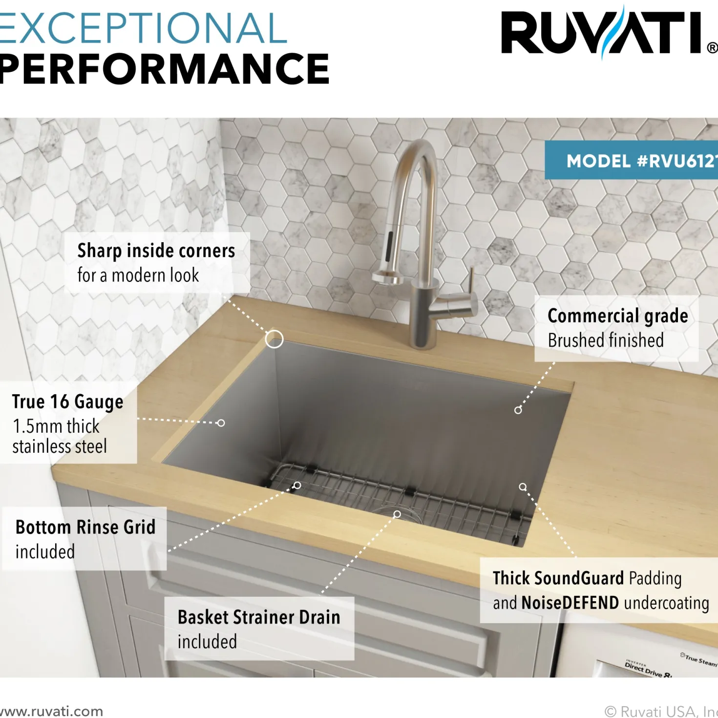 Ruvati RVU6121 21" x 18" x 12" Deep Undermount 16 Gauge Stainless Steel Laundry Utility Sink