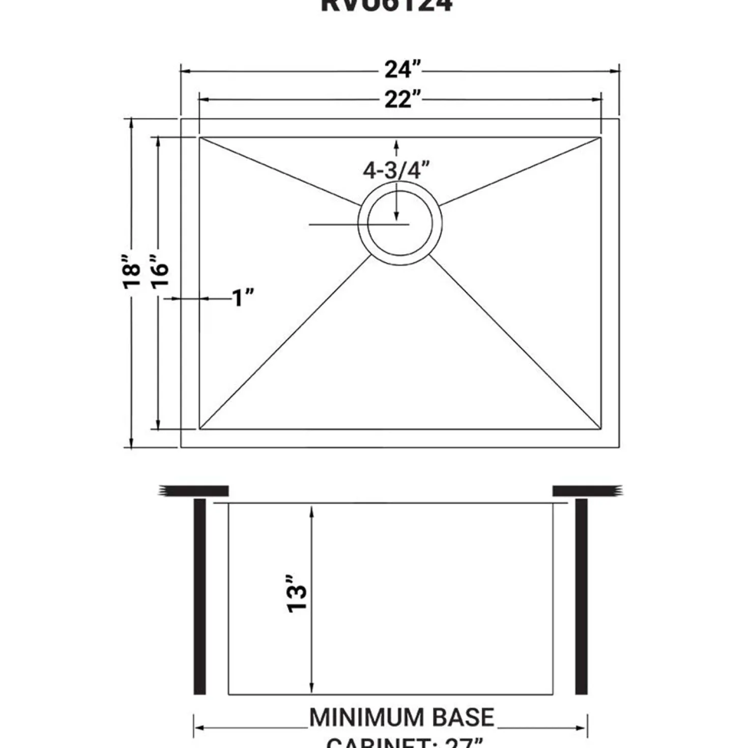 Ruvati RVU6124 24" x 18" x 13" Deep Undermount 16 Gauge Stainless Steel Laundry Utility Sink